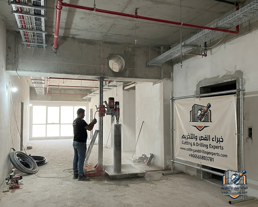 تنفيذ فتحات مواسير الإطفاء وشبكات الرش الآلي في مكة باستخدام أجهزة الكور الماسي وبدون تكسير